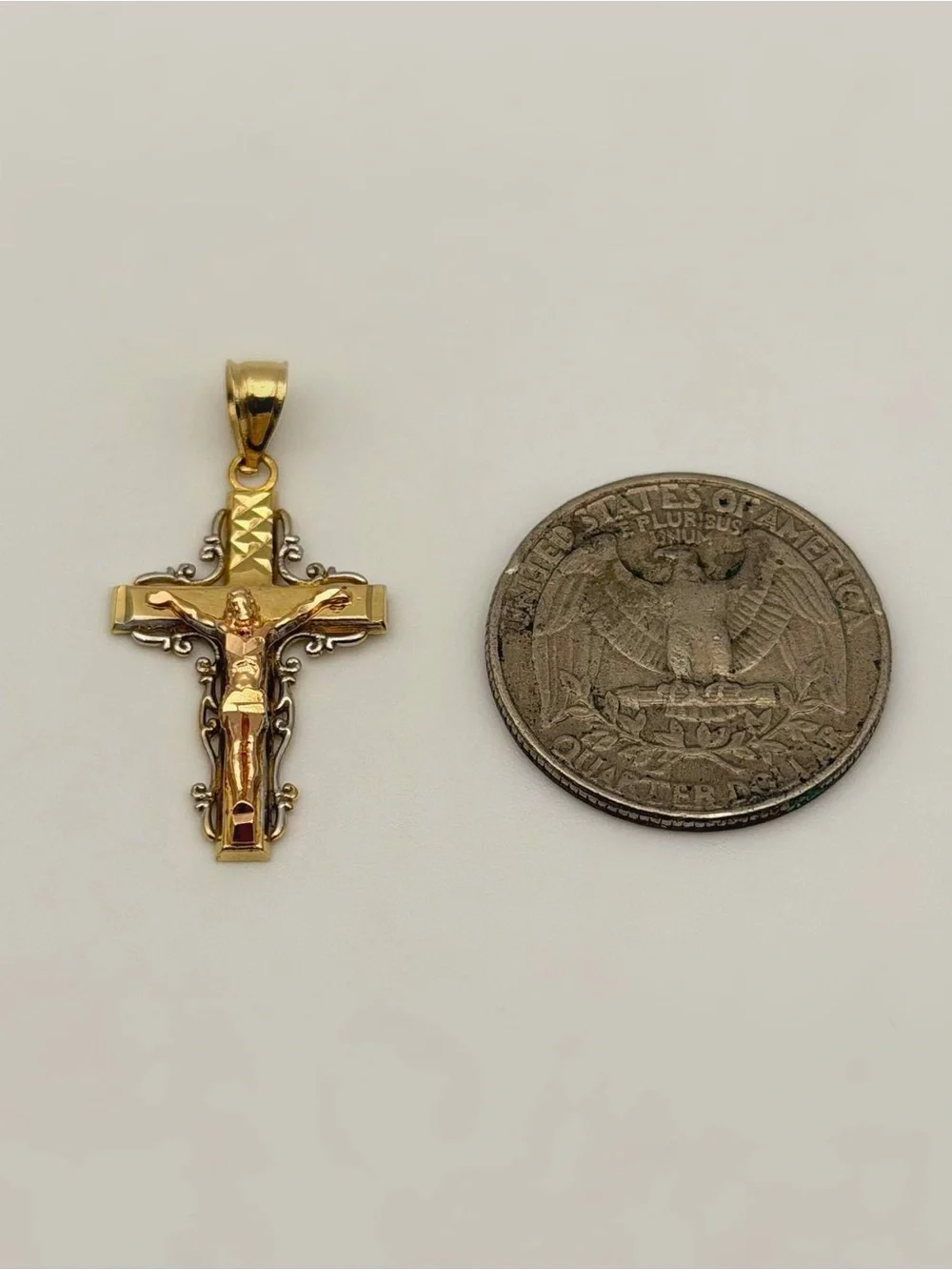14k Solid Yellow Rose White Gold Three Tone Cross Diamond Cut Religious Charm Pe